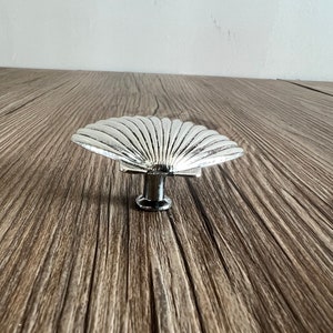 May include: A silver-toned cabinet knob with a fan-shaped design. The knob has a smooth, rounded surface and a raised, textured centre.