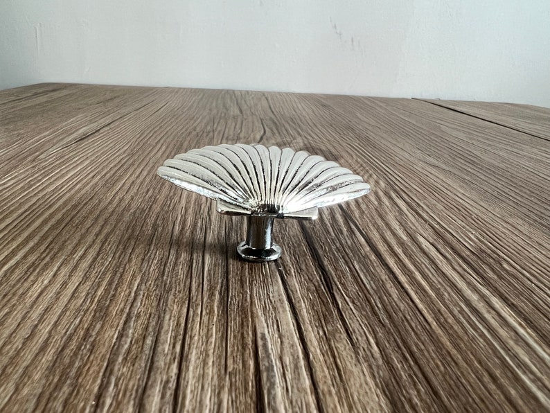 May include: A silver-toned cabinet knob with a fan-shaped design. The knob has a smooth, rounded surface and a raised, textured centre.