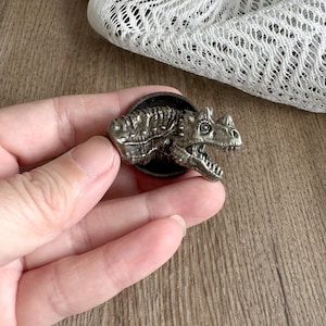 以下が含まれることがあります： 詳細なテクスチャが施された銀色の恐竜の頭のピン。このピンは、口を開け、歯が見えるティラノサウルスレックスのデザインが特徴です。ピンは黒い円形のベースにセットされており、ジャケット、バッグ、帽子などに適しています。