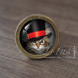 Może przedstawiać: Okrągły, mosiężny gałka do szafki z wkładką szklaną przedstawiającą kota w czarnym cylindrze z czerwoną wstążką i lornetką.