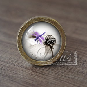 Könnte beinhalten: Ein runder, messingfarbener Schrank-Knopf mit einem Glaseinsatz, der eine weiße Blume mit einer lila Libelle darauf zeigt. Der Hintergrund ist hellgrau.