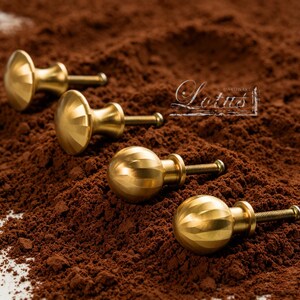 May include: Four brass cabinet knobs with varying designs are arranged on a bed of brown powder. The knobs have a screw for attachment. The knobs are in a row, with the Lotus Hardware logo in the background.