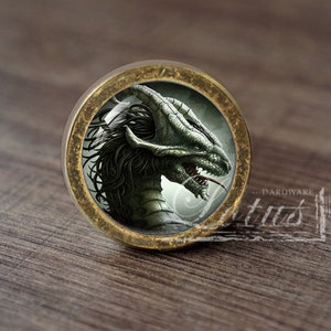 Op de afbeelding: Een ronde, messingkleurige knop met een ontwerp van een groene drakenkop. De draak heeft een woeste uitdrukking en scherpe tanden. De knop is perfect om elke kamer een vleugje fantasie te geven.