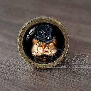 May include: A round, brass-coloured cabinet knob with a glass insert featuring a cat wearing a top hat and monocle. The cat has its tongue sticking out and a mischievous expression.
