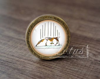 May include: A round, brass-coloured cabinet knob with a glass insert featuring a cartoon illustration of a cat with brown, white, and orange fur lying down on a green and white striped bed. The cat has a sad expression and is looking down. The background of the illustration is white with vertical black lines.