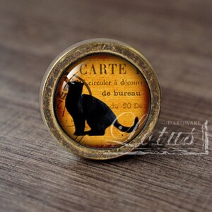 Może przedstawiać: Okrągła gałka do szafki w stylu antycznym z sylwetką czarnego kota na tle w stylu vintage. Gałka ma obramowanie z metalu w kolorze brązu i widoczny jest napis "CARTE". Dekoracyjny akcent do mebli.