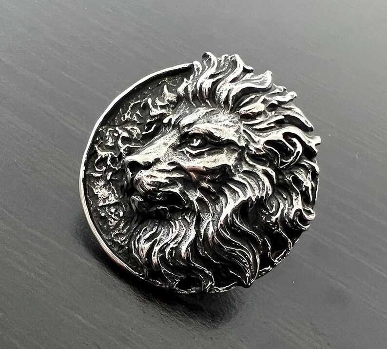 Peut inclure: Un pendentif en argent repr&eacute;sentant une t&ecirc;te de lion avec un design d&eacute;taill&eacute;. La crini&egrave;re du lion est flottante et les yeux sont intenses.