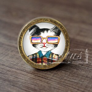 Op de afbeelding: Een ronde, gouden kastknop met een witte achtergrond en een zwart-witte kat die een kleurrijke zonnebril en een geruit overhemd draagt.