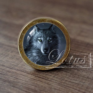 Può includere: Un pomello rotondo per armadio in ottone con il muso di un lupo in una scena innevata sul davanti. Il lupo ha gli occhi verdi e un naso nero.