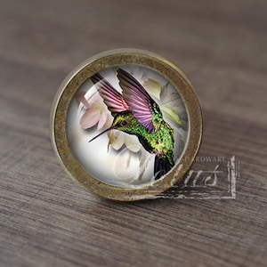 Könnte beinhalten: Ein runder, messingfarbener Schrankknopf mit einem Glaseinsatz, der einen grünen und violetten Kolibri im Flug mit rosa Blüten zeigt. Der Knopf hat eine patinierte Oberfläche.