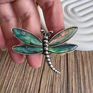 May include: A silver dragonfly brooch with iridescent green and blue wings. The dragonfly's body features a textured design. The wings have a shimmering, abalone-like appearance, adding a touch of elegance to the accessory.
