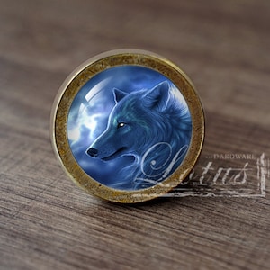 Può includere: Un pomello rotondo color ottone con un lupo blu che ulula alla luna in un cielo nuvoloso. Il pomello ha un aspetto usurato e invecchiato.