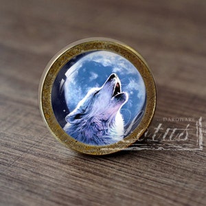 Può includere: Un pomello rotondo per armadio in ottone con un inserto in vetro che presenta un lupo bianco che ulula alla luna piena contro un cielo blu.