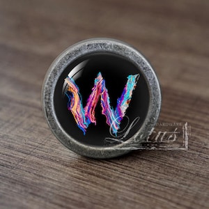 Letter-&quot;W&quot;-Glass Cabochon Vintage Silver  Cabinet Dresser Knobs pull / Dresser Knobs Cabinet Pull handles / Furniture Hardware