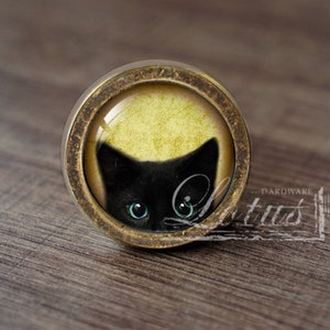 Op de afbeelding: Een ronde, messingkleurige knop met een glazen inzetstuk met een zwarte kat met helderblauwe ogen. Het gezicht van de kat is gedeeltelijk verborgen door de rand van het glas.