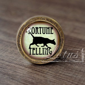 May include: A round, antique brass cabinet knob with a glass insert. The insert features a black cat silhouette and the words "FORTUNE TELLING" in a vintage font. The knob is set against a wooden surface.
