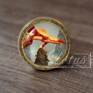 Puede incluir: Un pomo de armario redondo de color latón con un inserto de vidrio que presenta un dragón rojo y amarillo volando sobre una cordillera.