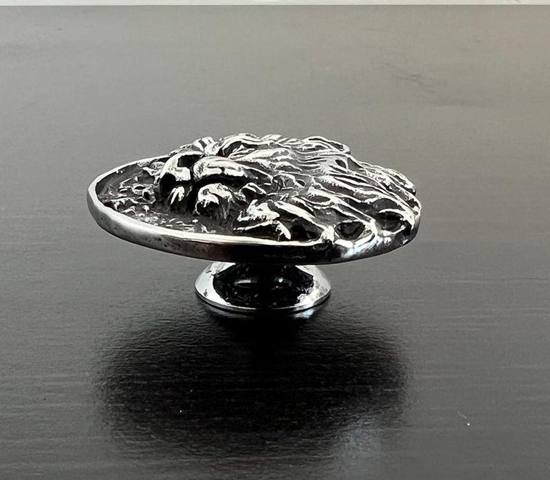 Peut inclure: Bouton de porte en argent avec un design d&eacute;taill&eacute; de visage de lion.