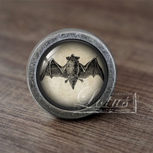 May include: A silver knob with a round, glass-like surface featuring a vintage illustration of a bat.