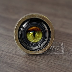 Puede incluir: Primer plano de un objetivo de cámara con un ojo amarillo mirando a través del centro. El objetivo está rodeado por un anillo de color latón con la palabra "Canon" inscrita en él.