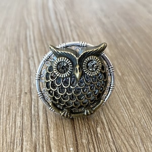 Puede incluir: Un anillo de plata y bronce con forma de búho con detalles de cristal. El búho está decorado con un diseño de plumas y tiene un marco redondo de plata.