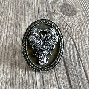 Peut inclure: Une broche argentée représentant deux corbeaux stylisés avec leurs têtes entrelacées, sur un fond gris foncé. La broche est entourée d'une bordure décorative.