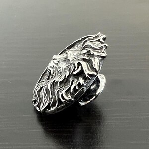 Peut inclure: Une bague en argent avec un motif de t&ecirc;te de lion d&eacute;taill&eacute;. La bague est de forme ovale et la t&ecirc;te de lion est tourn&eacute;e sur le c&ocirc;t&eacute;.
