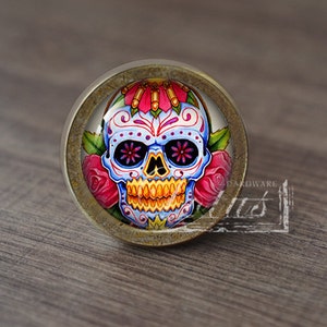 Puede incluir: Un pomo de armario redondo de color latón con un diseño de calavera de azúcar colorido y detallado. La calavera es blanca con detalles azules, rosas y amarillos. Tiene ojos negros con flores rosas y está rodeada de rosas rosas.
