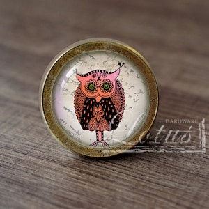 May include: A round, brass-colored cabinet knob with a glass insert featuring a pink and black owl with green eyes. The owl is surrounded by a white background with black script.