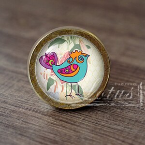 Può includere: Un pomello rotondo per armadio in ottone con un inserto in vetro che presenta un uccello dei cartoni animati colorato con un design rosa, blu e arancione su uno sfondo floreale.