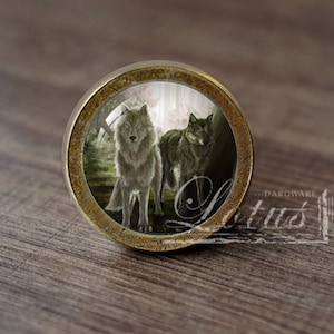 Può includere: Un pomello per armadio rotondo in ottone con un inserto in vetro che presenta un dipinto di due lupi in un ambiente boschivo. I lupi sono grigi e bianchi, e il bosco è di un verde scuro.