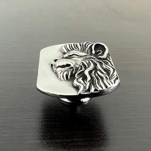 Pode incluir: Um bot&atilde;o de arm&aacute;rio de cabe&ccedil;a de le&atilde;o de prata com um design detalhado. O bot&atilde;o &eacute; montado em uma base quadrada.