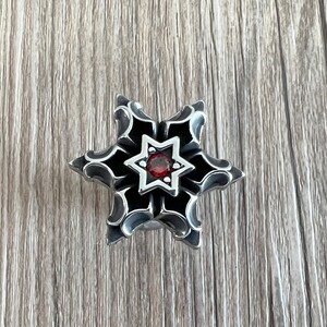 Puede incluir: Un colgante de estrella de seis puntas de plata con una piedra preciosa roja en el centro.