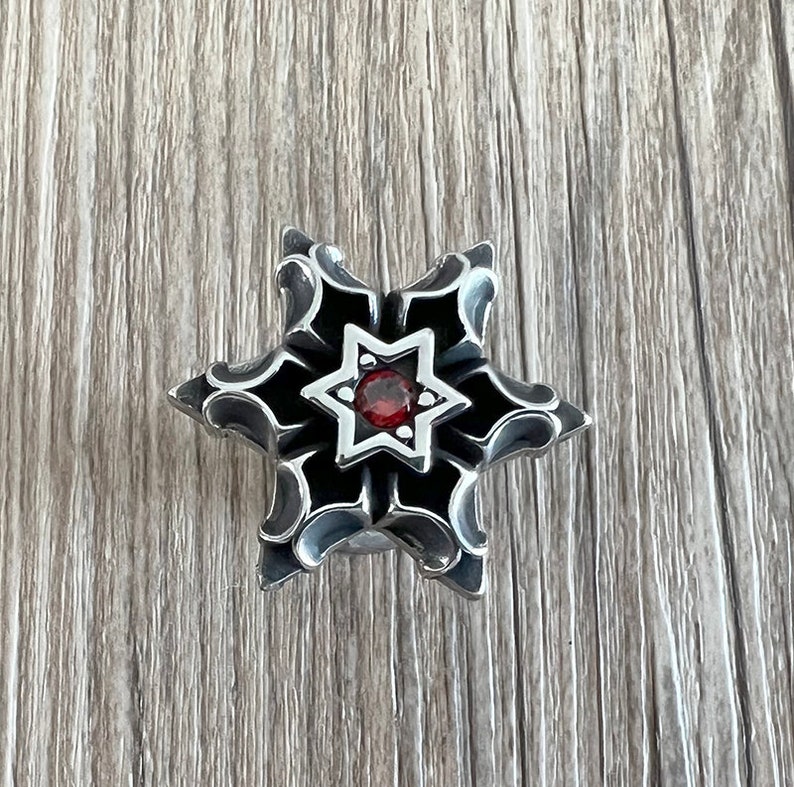 Puede incluir: Un colgante de estrella de seis puntas de plata con una piedra preciosa roja en el centro.