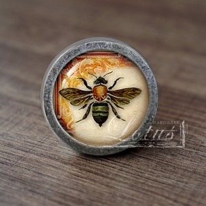 May include: A round, silver-toned knob with a bee illustration on a cream background. The bee is green, black, and yellow with brown wings. The background has a red, orange, and yellow floral design.