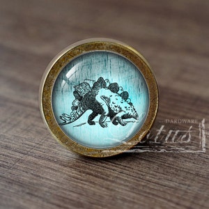May include: A round, brass-colored cabinet knob with a glass insert featuring a black and white illustration of a Stegosaurus dinosaur on a blue background.