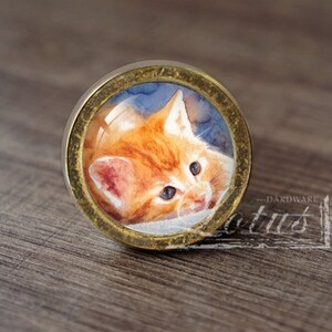 Może przedstawiać: Okrągły, złoty gałka meblowa z wkładką szklaną przedstawiającą akwarelę przedstawiającą rude kocię. Oczy kocięcia są niebieskie i patrzy w górę.