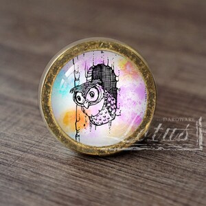 Może przedstawiać: Okrągły, złoty gałka meblowa z kolorowym wzorem sowy w stylu akwareli. Sowa jest czarno-biała z różowymi i fioletowymi akcentami. Tło to mieszanka pomarańczowego, żółtego, niebieskiego i różowego.