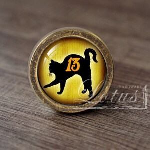 Może przedstawiać: Okrągła gałka do szafki w odcieniu antycznego mosiądzu z czarną sylwetką kota i pomarańczową liczbą 13. Kot jest umieszczony na żółtym tle. Dekoracyjny element okuć.