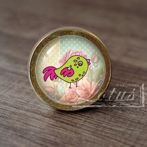 Puede incluir: Un pomo de armario redondo de color latón con un inserto de vidrio que presenta un pájaro verde con alas rosas y un patrón floral.