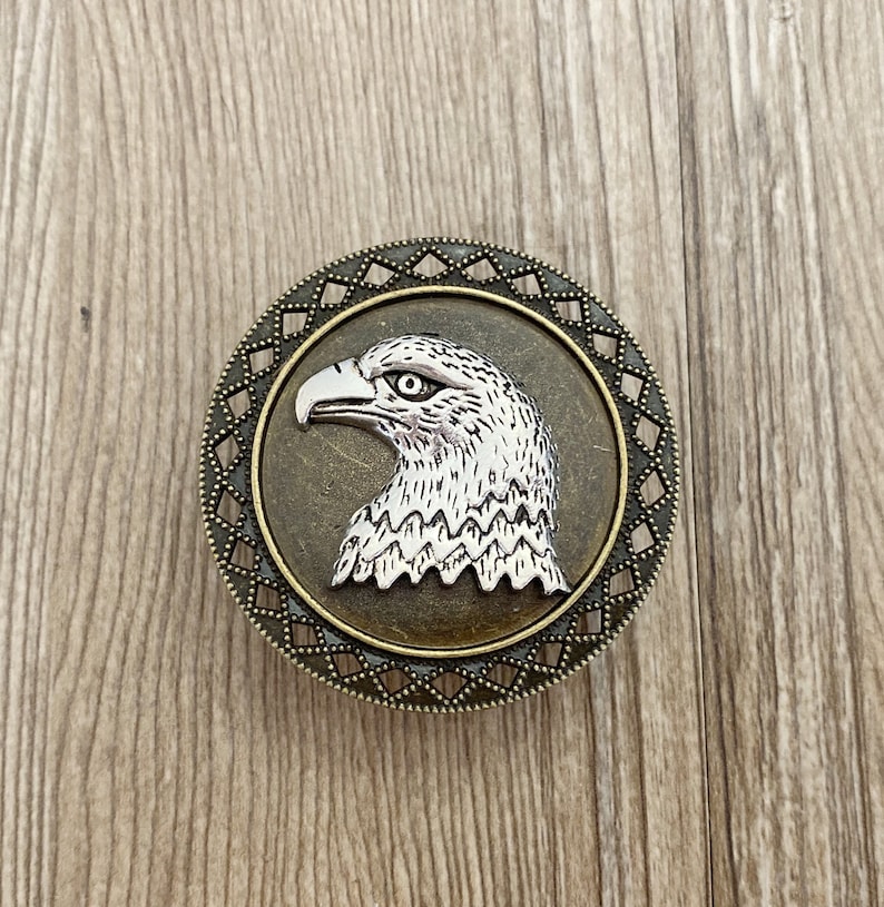 May include: A silver eagle head with a detailed design is featured on a round, bronze-coloured metal pin with a decorative border.