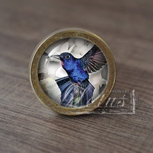Peut inclure: Bouton de meuble rond avec une image détaillée d'un colibri en vol. L'oiseau a des plumes bleues et violettes irisées, sur fond de fleurs blanches. Le bouton a un bord en métal de couleur bronze.