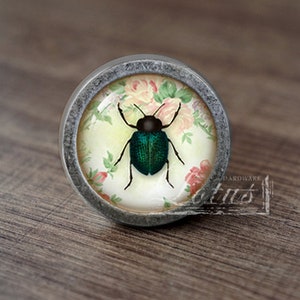 May include: A round, silver-colored cabinet knob with a glass insert featuring a green beetle on a floral background.