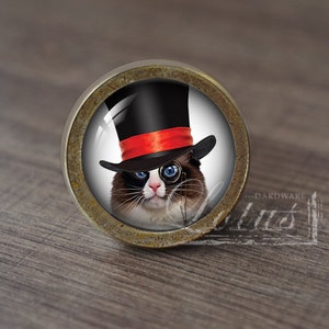 May include: A round, brass-colored cabinet knob with a glass insert featuring a cat wearing a black top hat with a red band and a monocle.