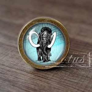 May include: A round, brass-colored cabinet knob with a glass insert featuring a black and white illustration of a mammoth on a blue background.