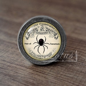 Op de afbeelding: Een ronde, zilverkleurige kastknop met een zwarte spin en de tekst "Pharmacies Populaires Société Coopérative Liegeoises Hair of Tarantula H. Gillard Pharmacien Rue d'Amercoeur 71 Liege" op een crèmekleurige achtergrond.