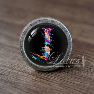 May include: A silver knob with a black background and a colourful abstract letter "J" design.