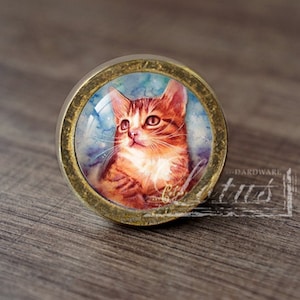 Może przedstawiać: Okrągły, mosiężny gałka z wkładką szklaną przedstawiającą malowany obraz rudego kociaka z niebieskimi oczami patrzącego w górę.