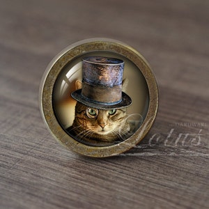 May include: A circular cabinet knob with an antique brass finish, showcasing a cat in a top hat and monocle. The cat has green eyes and brown and tan fur. The knob has a clear glass dome.