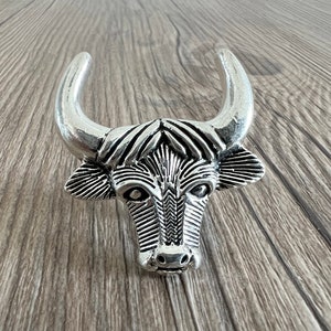 Puede incluir: Adorno de cabeza de toro de plata con detalles texturizados. La cabeza del toro está mirando hacia adelante con grandes cuernos.